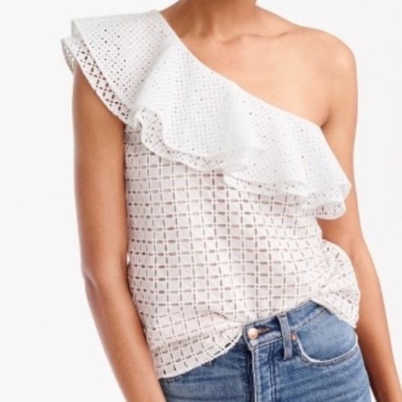 J Crew White One Shoulder Ruffle Eyelet Blouse Top - Picture 3 of 5